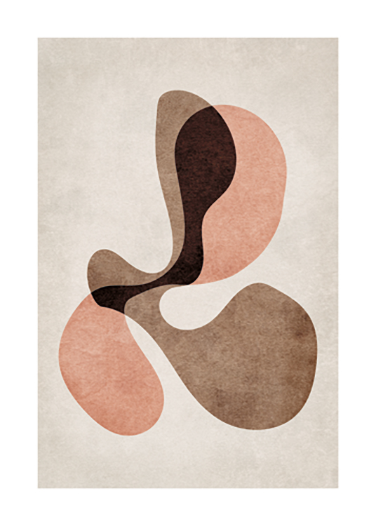  – Graphic illustration with a bundle of brown, red and pink abstract shapes against a beige background