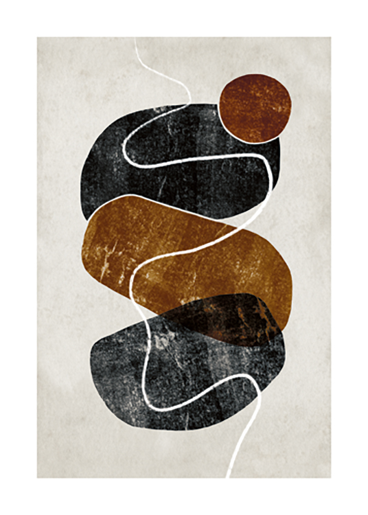  – Graphic illustration with shapes in forms of pebbles in black and brown with a white swirl across them