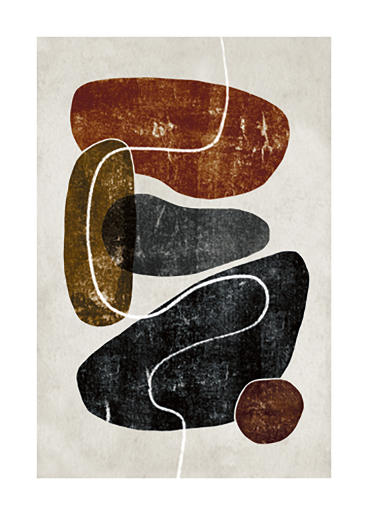  – Graphic illustration with a white line over large brown and black pebble shapes on a grey background