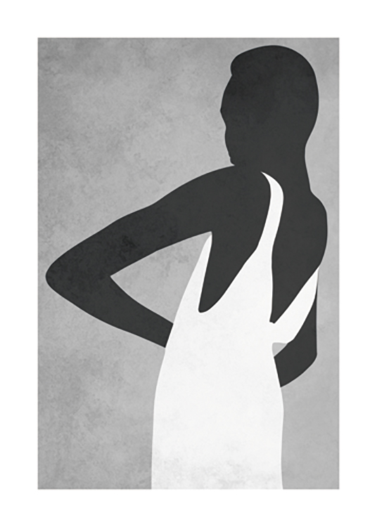  – Graphic illustration with a woman wearing a white dress against a grey background