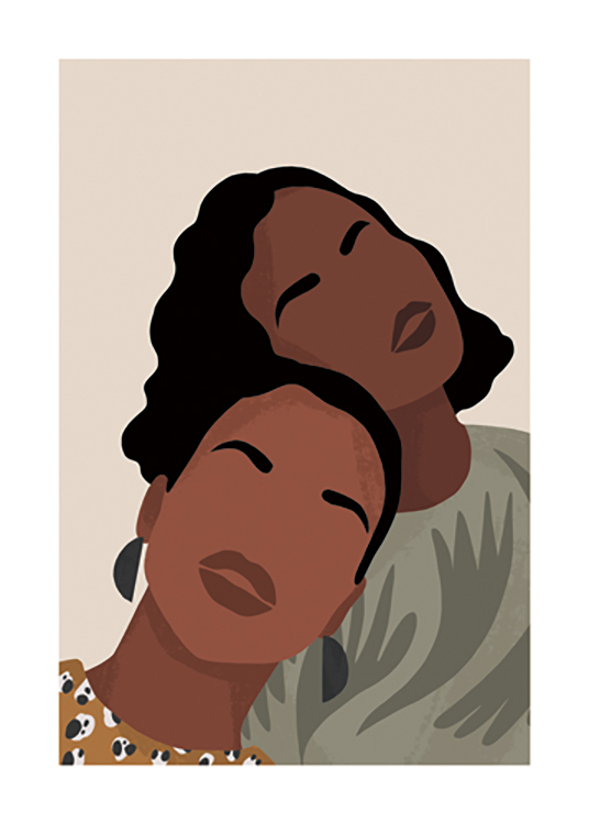  – Graphic illustration with two women with patterned tops and black hair leaning on each other