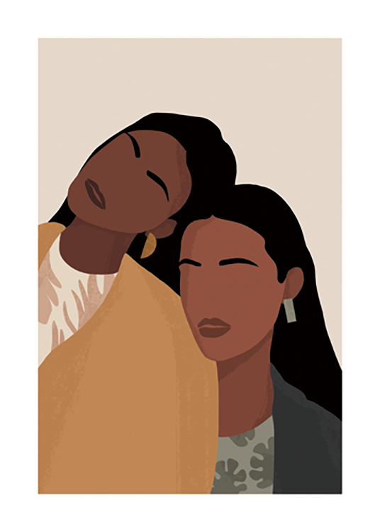  – Graphic illustration of two women with black hair and green and yellow clothes leaning on each other