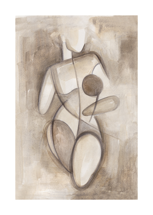  – Watercolour sketch in beige and brown of a naked, female body drawn with blocks