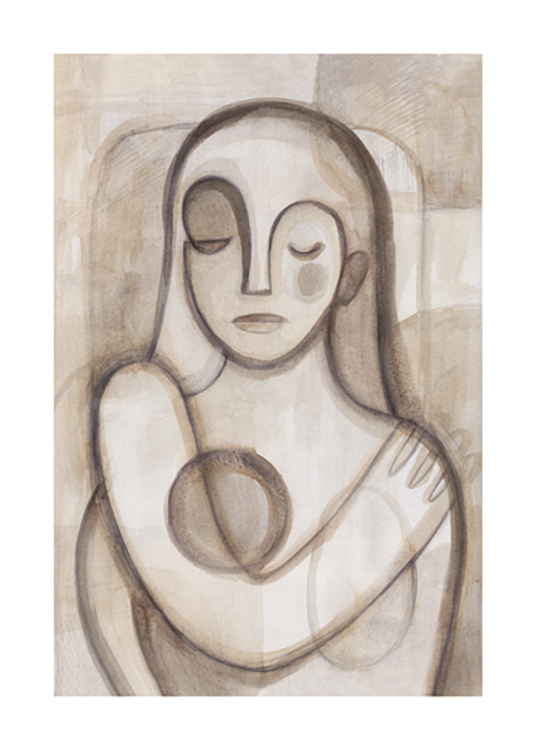  – Sketch of an abstract woman with closed eyes in brown and beige watercolour