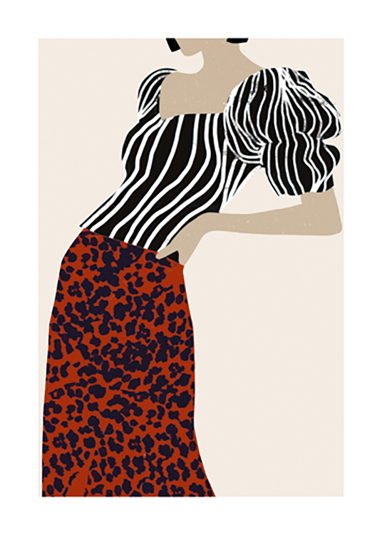  – Graphic illustration of a woman with her hand on her hip, wearing a striped shirt and red skirt with a black pattern