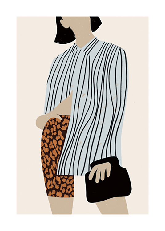  – Graphic illustration of a woman in leopard bike shorts, a blue striped shirt, holding a black bag