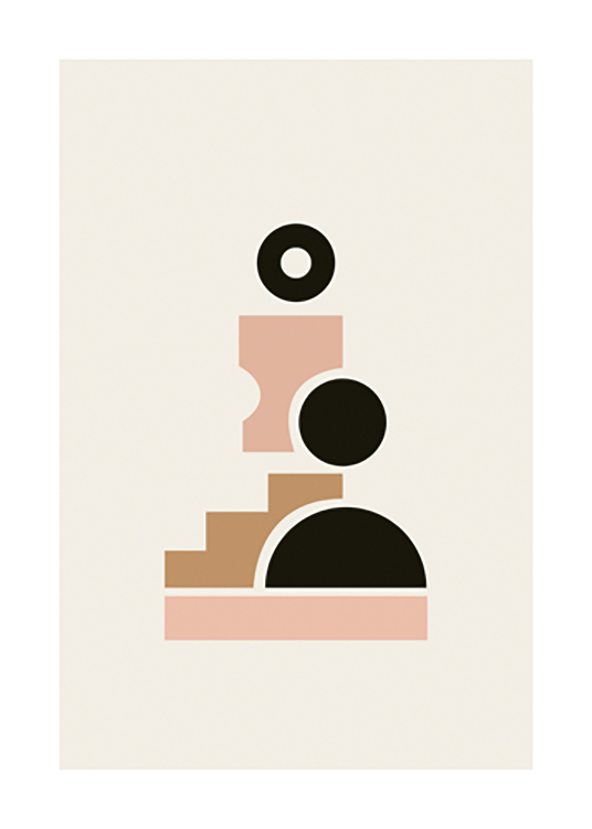  – Graphic illustration of geometric shapes in black, brown and pink forming a figure on a light beige background