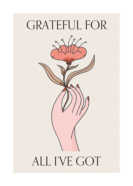  – Graphic illustration of a red flower held by a hand on a beige background, with text above and underneath