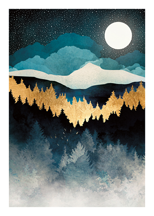  – Graphic illustration of a forest with gold and blue trees and a moon and stars in the background