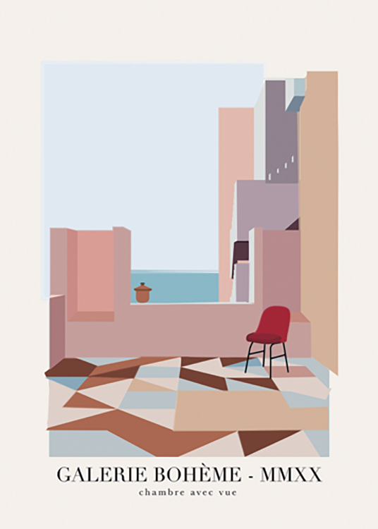  – Graphic illustration of a colourful terrace with a patterned floor and buildings and the sky in the background