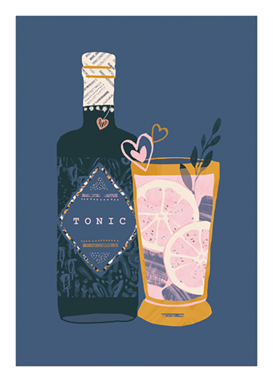  – Graphic illustration of a bottle of tonic and glass with a pink drink