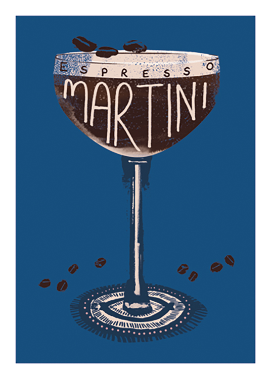  – Graphic illustration of a drink glass with an Espresso Martini, on a blue background