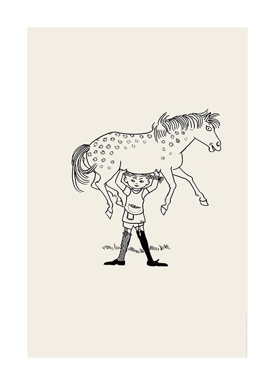  – Illustration of Pippi Longstocking holding her horse above her head, drawn in black 