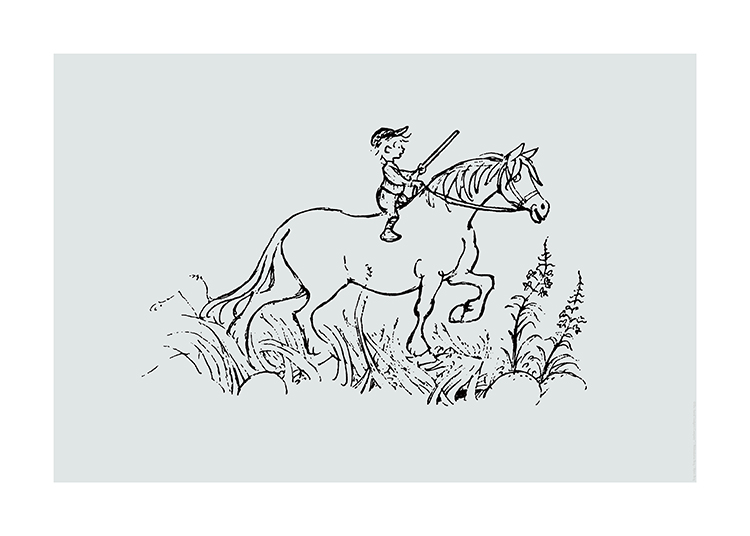  – Illustration in black of Emil in Lönneberga riding his horse with grass and flowers at the bottom
