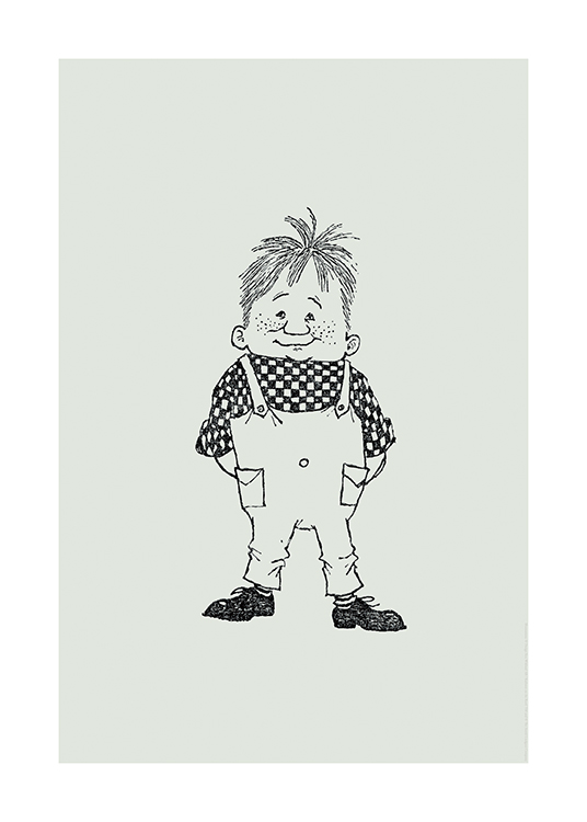  – Illustration of the character Karlsson on the Roof, wearing a spotted shirt and dungarees