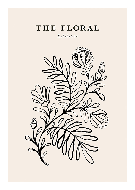  – Leaves and flowers in black lines on a background in light beige with text at the top