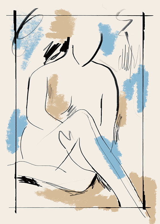  – Painting with a seated, naked body and blue, beige and black paint strokes on a light beige background