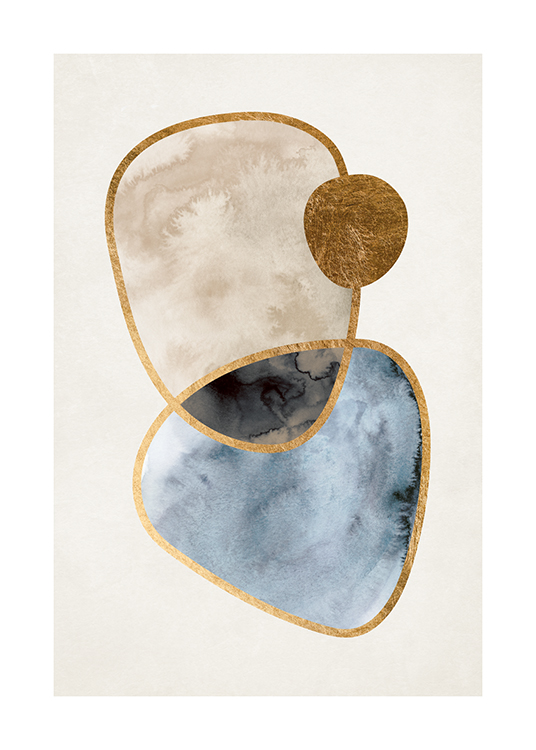  – Painting with blue and beige abstract shapes in watercolour with gold outlines