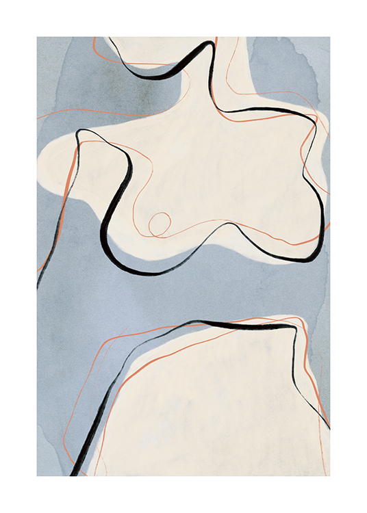 – Abstract illustration of a naked, female body in beige, outlined in black and orange on a blue background
