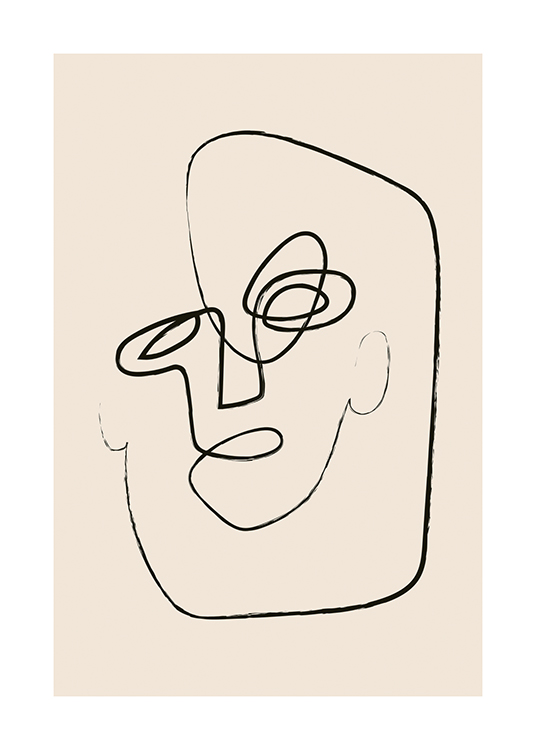  – Illustration in line art with an abstract face in black lines against a beige background