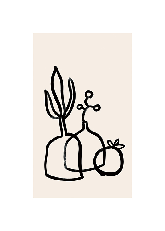  – Illustration with black leaves and pots against a beige background