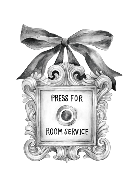  – Illustration with a grey, vintage doorbell and ribbon with text in the middle