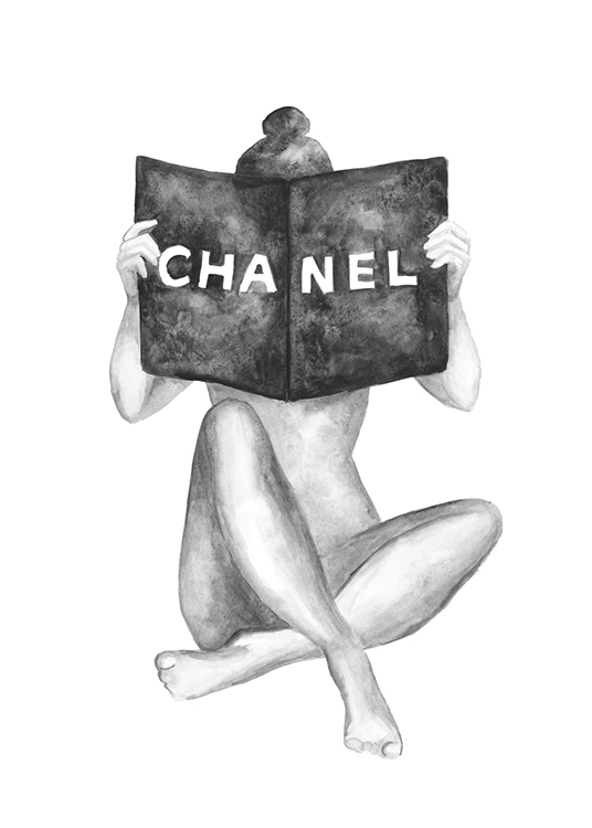  – Illustration in grey watercolour of a naked woman holding a Chanel book in front of her