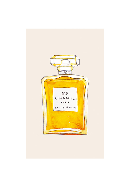  – Illustration of a bottle of Chanel perfume in orange, on a beige background