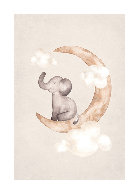  – Painting in watercolour of a little elephant sitting on a moon with clouds around it
