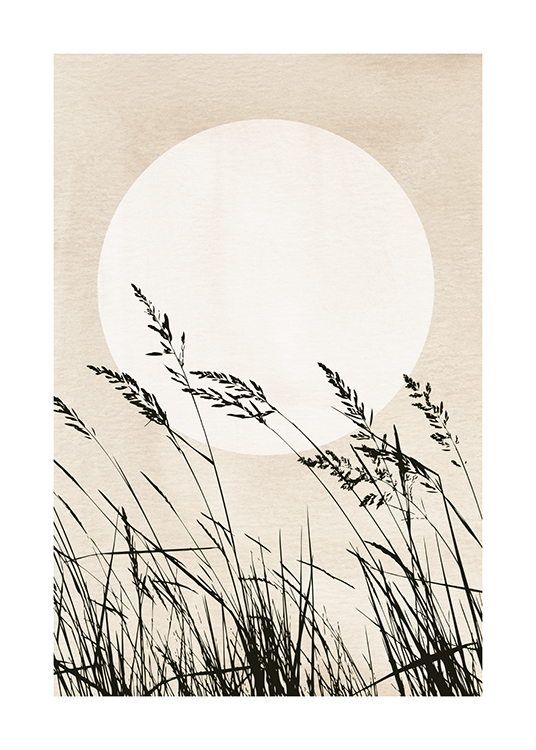  – Graphic illustration with a light beige circle behind black reeds, against a beige background