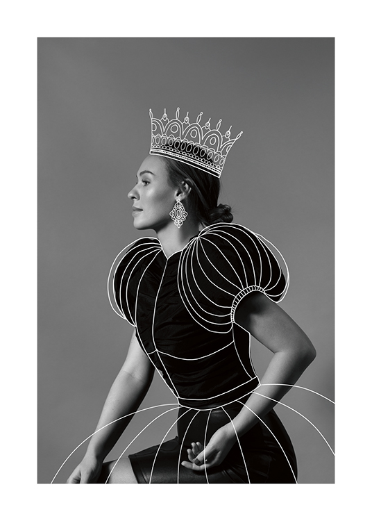  – Black and white photograph of a woman in profile, with an illustrated crown and dress