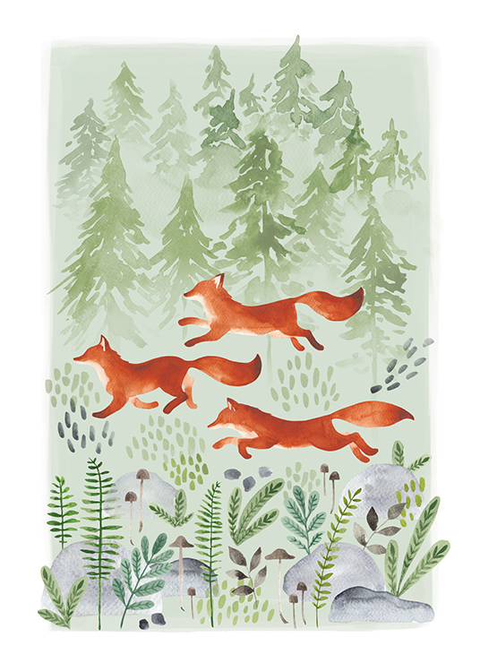  – Illustration in watercolour of foxes surrounded by trees and rocks, on a green background
