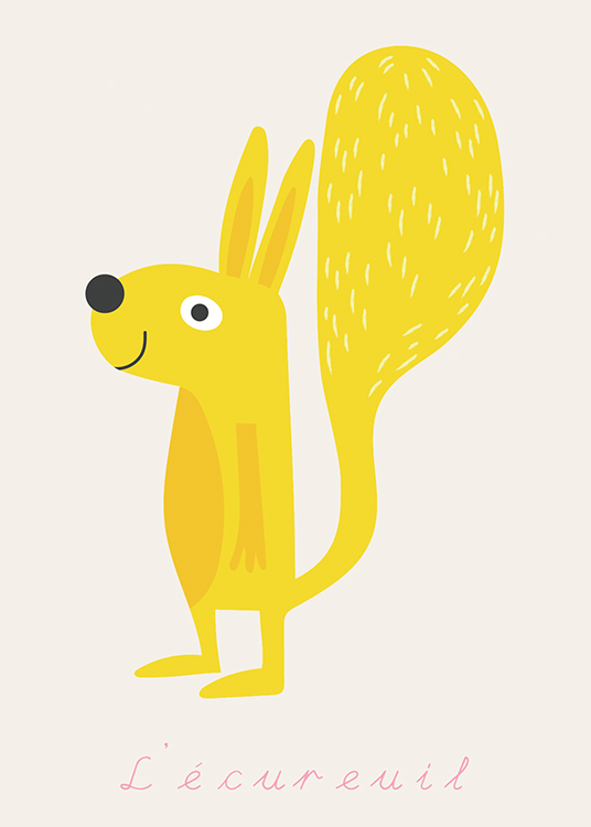  – Graphic illustration of a yellow squirrel, smiling, against a light grey background