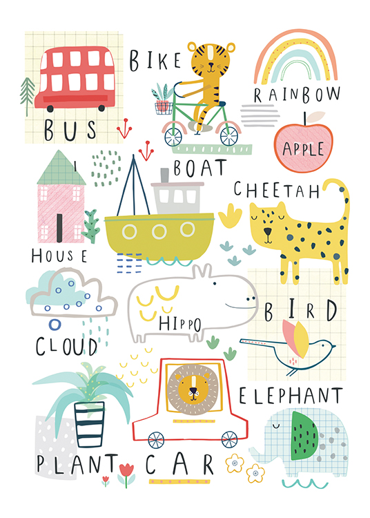  – Graphic illustration with various things and animals and their names in English