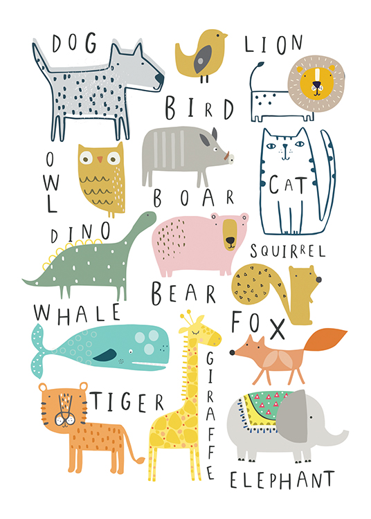 – Graphic illustration of animals and their names written in English, on a white background