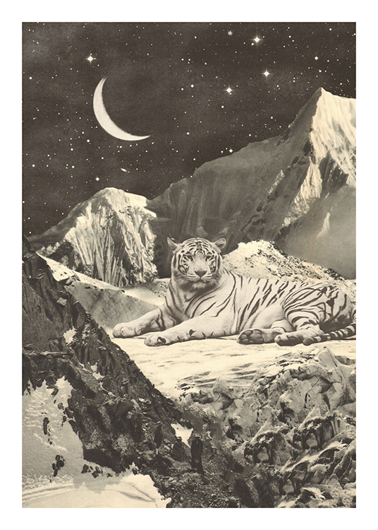  – Grayscale illustration of a giant white tiger surrounded by mountains