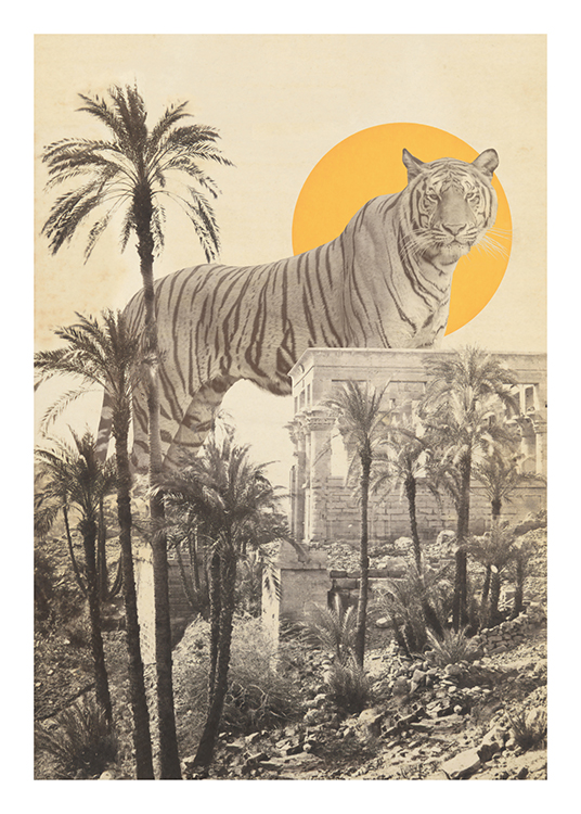  – Illustration of a large tiger standing amongst ruins and palm trees, with a yellow sun behind it
