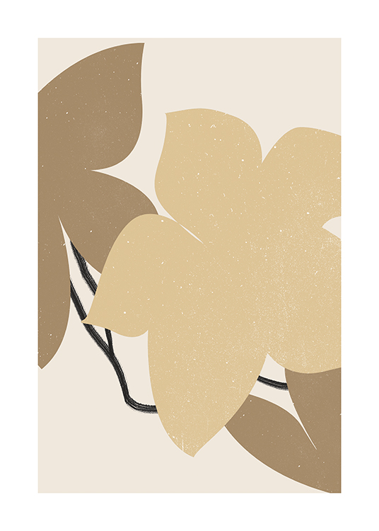  – Graphic illustration of beige and brown flowers with white spots on a background in light beige