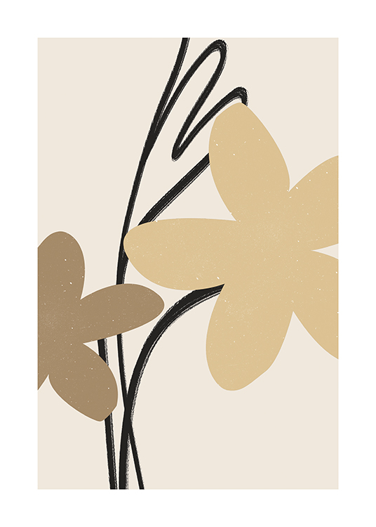  – Graphic illustration with two flowers in beige and brown and a black swirling line on a light beige background
