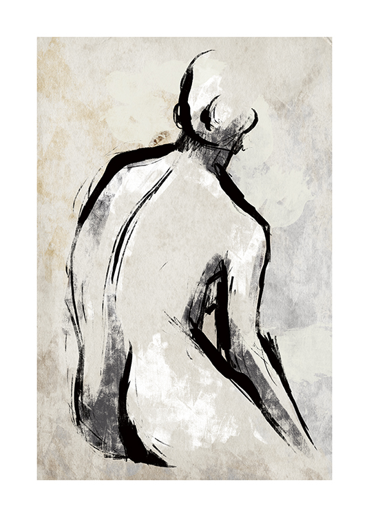  – Painting of an outlined, naked back against a background in uneven light beige and grey
