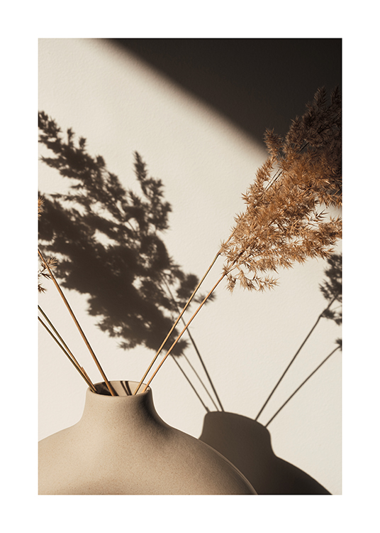  – Photograph of dried, brown grass in a vase against a light wall with shadows of the grass