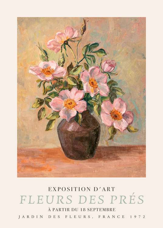  – Painting of a pink flower bouquet in a vase against a coloured background, with text at the bottom