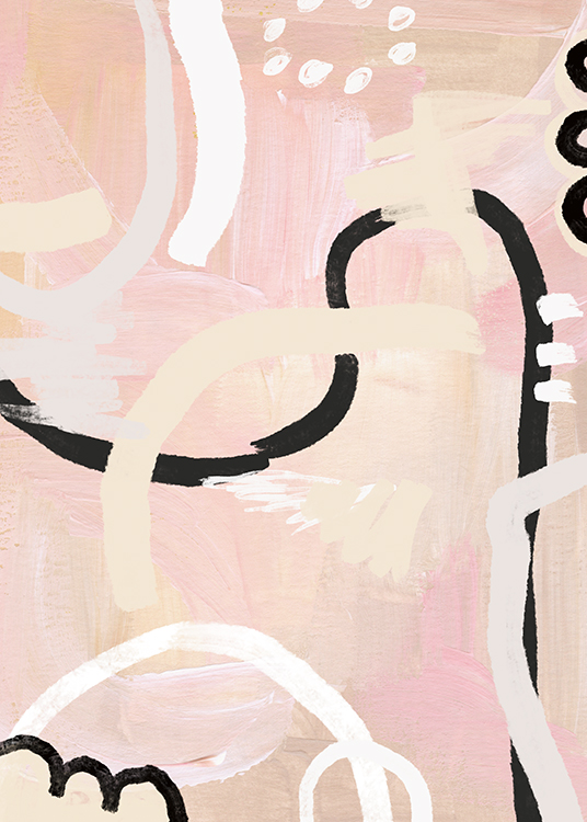  – Painting with abstract lines and shapes in white, beige and black on a pink background