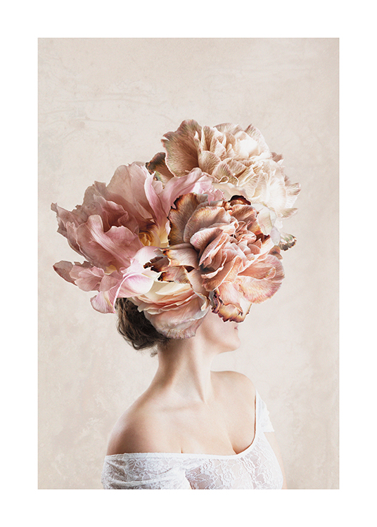  – Photograph of a woman whose head is covered in large pink flowers