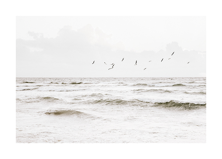  – Photograph of an ocean with a group of birds flying over it