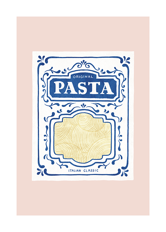  – Illustration of a pasta package in blue and white against a background in pink