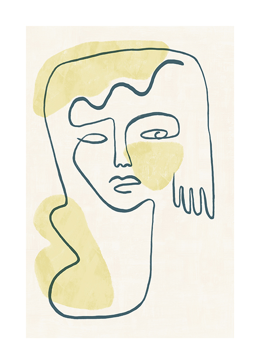  – Illustration of a face and hand in line art, yellow shapes and a light beige background
