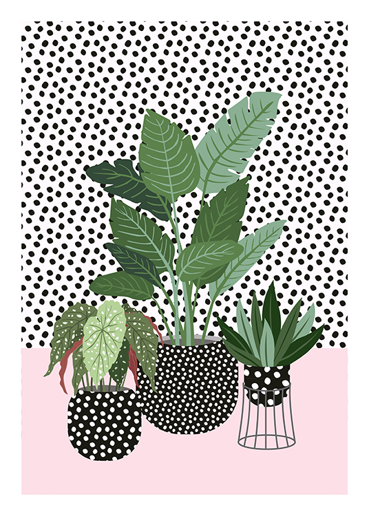  – Illustration of plants against a dotted wall in dotted pots