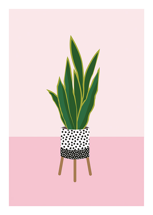  – Illustration of a plant against a pink background, in a dotted pot with legs