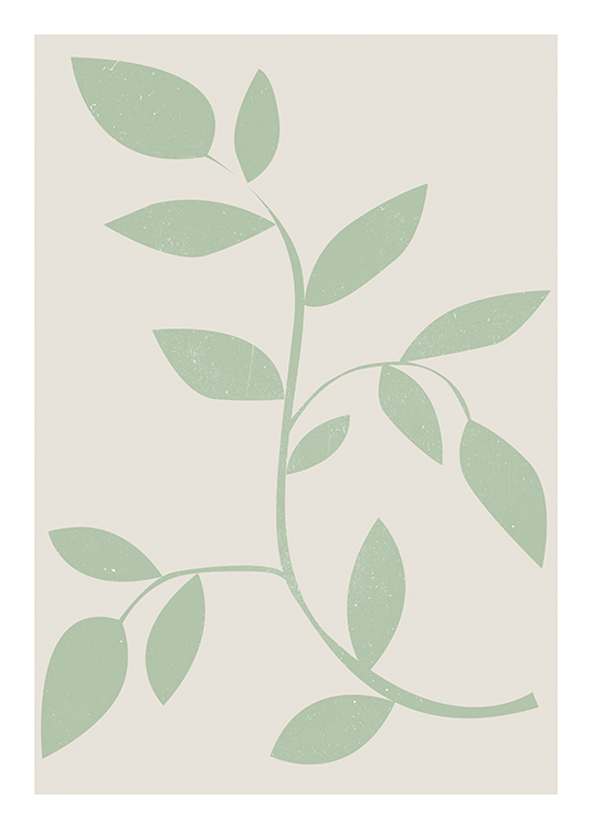  – Illustration of leaves in green, swirling across a beige background
